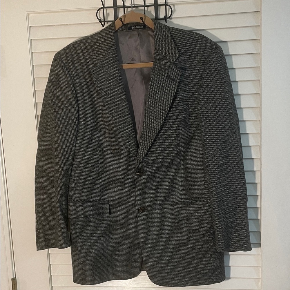 Burberry London Chocolate Slate Blue Wool Tweed 2 Button Wool Blazer